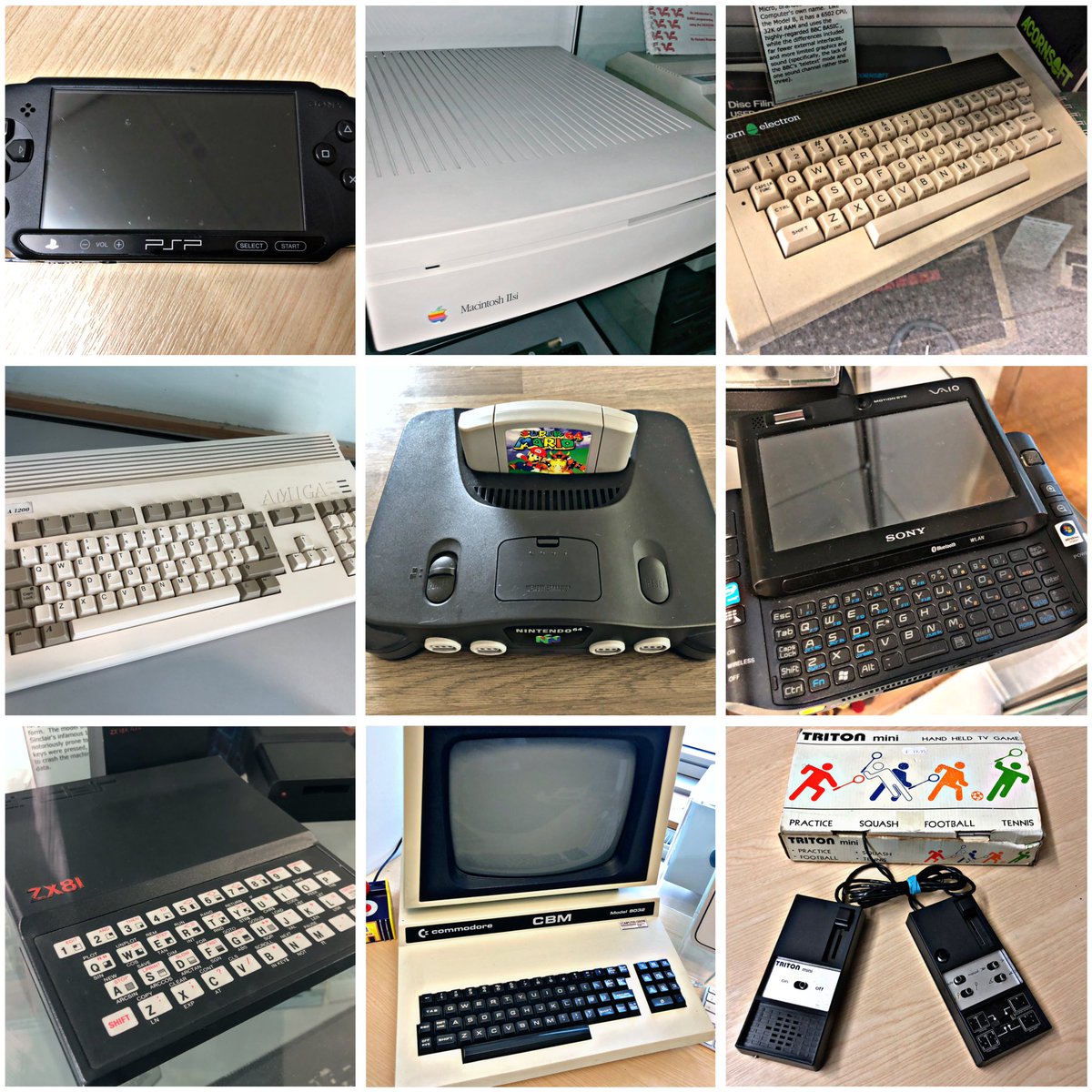 This week’s #RetroEnnead offers you the #PSP, #MacintoshIIsi, #Electron, #Amiga1200, #N64, #Vaio, #ZX81, #CBM8032 and #Triton. Pick a line of 3 and dump the rest! #RetroComputing #ComputerHistory #RetroGaming #VideoGames