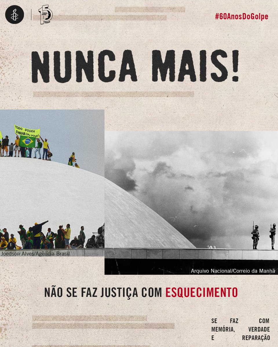 🇧🇷 64 é logo ali! Hoje (31) completam-se 60 anos do golpe. O que definitivamente não precisamos agora é fingir que os 21 anos de suspensão de direitos, de tortura, de censura, de desaparecimentos e assassinatos durante o regime militar nunca existiram. #DitaduraNuncaMais 🌹