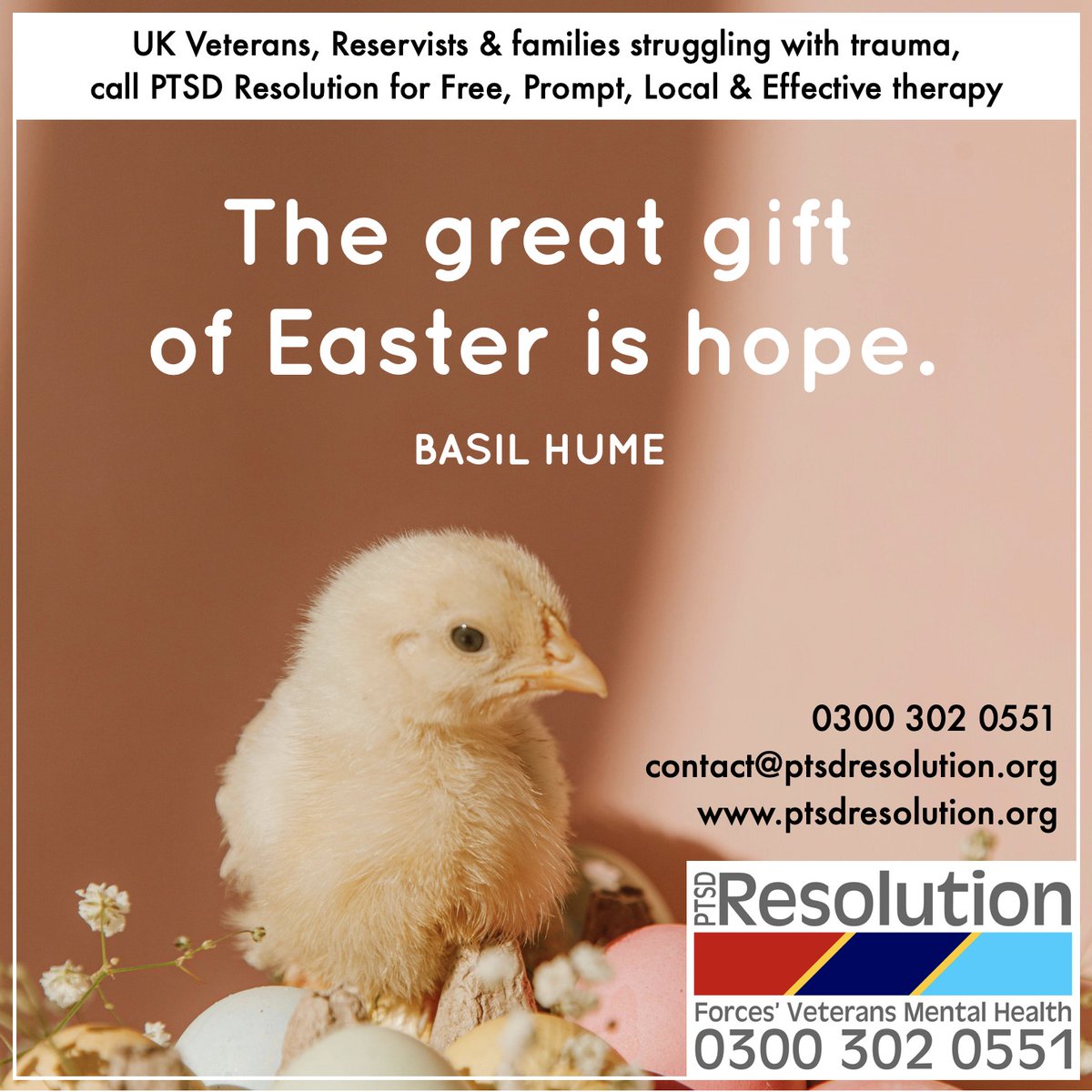 Easter is a time for new beginnings. If you are struggling, we can help… A very Happy Easter from all of us at PTSD Resolution 🐣 #Easter2024 #VeteransMentalHealth #PTSDResolution #PTSD #VeteransListenIn #ForcesVeterans #ForcesFamily #ForOurForces #MentalHealth #HumanGivens