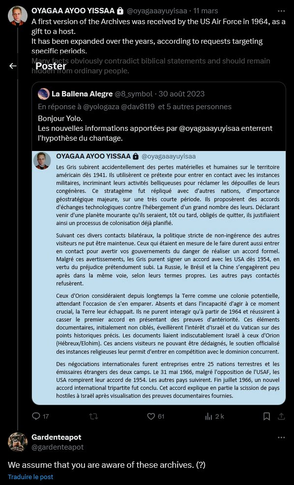 Like 224 d'@oyagaaayuyisaa à la question de @gardenteapot, qui demande, à la suite des Oay-198 et Oay-194, s'ils connaissent ces archives sur le passé lointain de la Terre fournies à un membre de l'USAF en 1964 par les Orion.