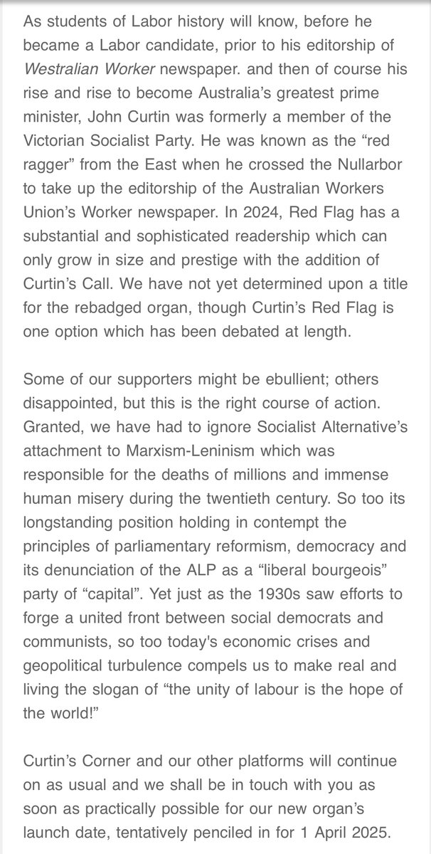 EXCITING NEWS! A Red Flag Flies! Special edition of Curtin’s Call, our daily editorial penned by @Dyrenfurth After arduous negotiations we announce the merger of our publication with @RedFlag_SA Full details in the attached documents. The unity of labour is the hope of the world!