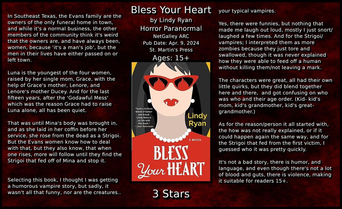 Bless Your Heart by Lindy Ryan #Horror #Paranormal @NetGalley ARC Pub Date: Apr. 9, 2024 St. Martin's Press Ages: 15+ 3 Stars #BookTwitter #bookblogger #bookworm #BookBlogging #bookreviews #ilovebooks #booklovers #bookaddict #NetGalley