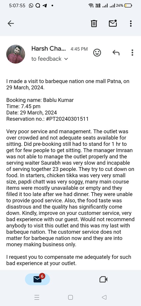 Pathetic service, poor food taste, poor low quality food items, disastrous experience at Barbeque Nation One mall, Patna.
@BarbequeNation @BarbequeNation2 @barbequenations 

#barbeque_nation
#barbequenation
#food
#grill
#BarbequeNationStory