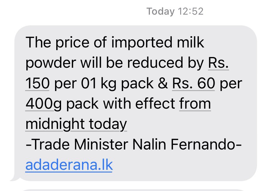 HarshadeSilvaMP's tweet photo. So after the showdown at #COPF where we refused to increase tax on milk powder and found fault w the regulator for lack of competition in the absence of the formula the story has taken a completely different turn. Instead of an increase now prices have fallen by LKR150/kg 😁 https://t.co/QBsuz5k8oV