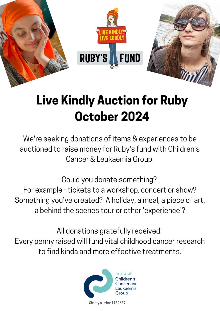 This October would have been Ruby’s 23rd birthday. We’ll be marking the occasion with a ‘Live Kindly’ online auction to fund vital childhood cancer research. We’re currently seeking donations of items to auction; please get in touch if you can help. 1/2 #childhoodcancer