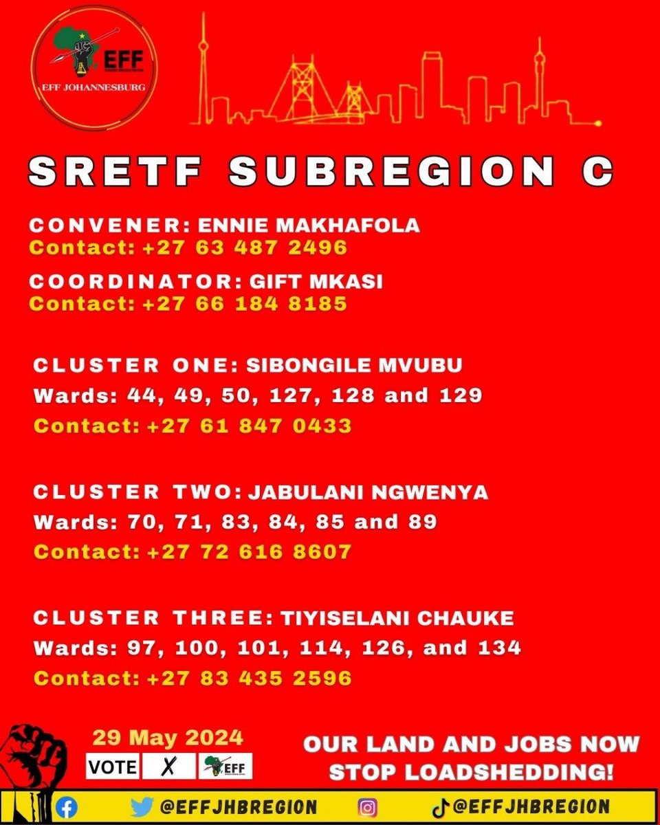 Have you relocated???want EFF membership???want to vote the EFF in your area of residence??we are here to assist,get in contact with myself Johannesburg Treasure and Convenor of Sub Region C JHB elections Task Force.⁦⁦@EFFgroundforces⁩ ⁦@EFFSouthAfrica.