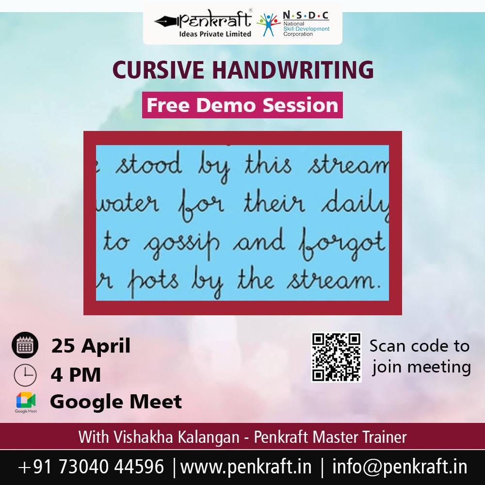 PenkraftTweets's tweet photo. Join our FREE demo session for #CursiveHandwriting with Penkraft Master Trainer Vishakha Kalangan!
25 April
4 PM
Platform: Google Meet
Click here - https://t.co/Yg8builI6t
Link for Registration - https://t.co/UqMT8MyaTX
73040 44596
https://t.co/Ft4T9lojPD https://t.co/e5RXmCZSof