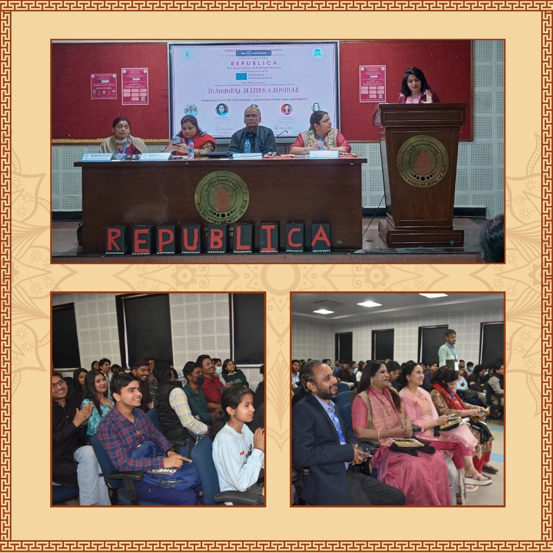Republica_ARSD's tweet photo. Republica: The Association of Political Science at Atma Ram Sanatan Dharma College, Delhi University, hosted its Inaugural Session and Seminar as part of its Annual Departmental fest, Poliforum'24. Here are some highlights from the event 📸✨️ https://t.co/8aHY9j9axP
