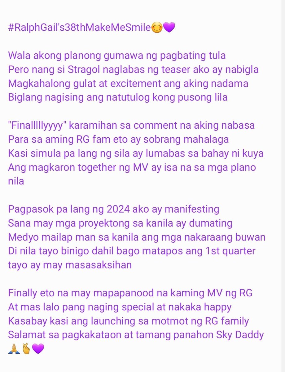 Hayyys skl di ko to binalak pero dahil na inspire nakabuo ako hehehe. Happy 38th RG fam🫰💜🫶. P.S. excited for Unofficial Official MV of #MakeUSmile later at 7PM by our very own @struggail and @ralphhmalibunas

#RalphGail