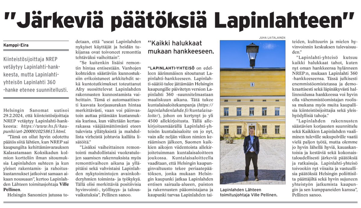 Lapinlahden Lähde (@lapinlahdenl) on Twitter photo Jännity tiivistyy. NREP vetäytyi Lapinlahdesta, kirjoittaa Kamppi-Eira lehti. Ensi viikolla kansalaisyhteiskunta jättää oman Lapinlahti 360 -suunnitelmansa <a href="/HelsinkiKymp/">Kaupunkiympäristö</a>:ille. Sitä tukee kuntalaisaloitteen 5000 allekirjoittajaa. Saako palkittu toiminta jatkaa Lapinlahdessa? Jännity tiivistyy. NREP vetäytyi Lapinlahdesta, kirjoittaa Kamppi-Eira lehti. Ensi viikolla kansalaisyhteiskunta jättää oman Lapinlahti 360 -suunnitelmansa <a href="/HelsinkiKymp/">Kaupunkiympäristö</a>:ille. Sitä tukee kuntalaisaloitteen 5000 allekirjoittajaa. Saako palkittu toiminta jatkaa Lapinlahdessa?