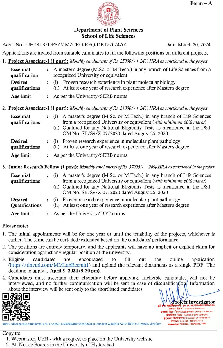 📢UoH Plant Molecular #Pathology #RA/#JRF Openings

helpbiotech.co.in/2024/03/uoh-pl…

<a href="/PlantSciUoH/">Dept. of Plant Sciences, University of Hyderabad</a> <a href="/helpBIOTECH/">helpBIOTECH</a>