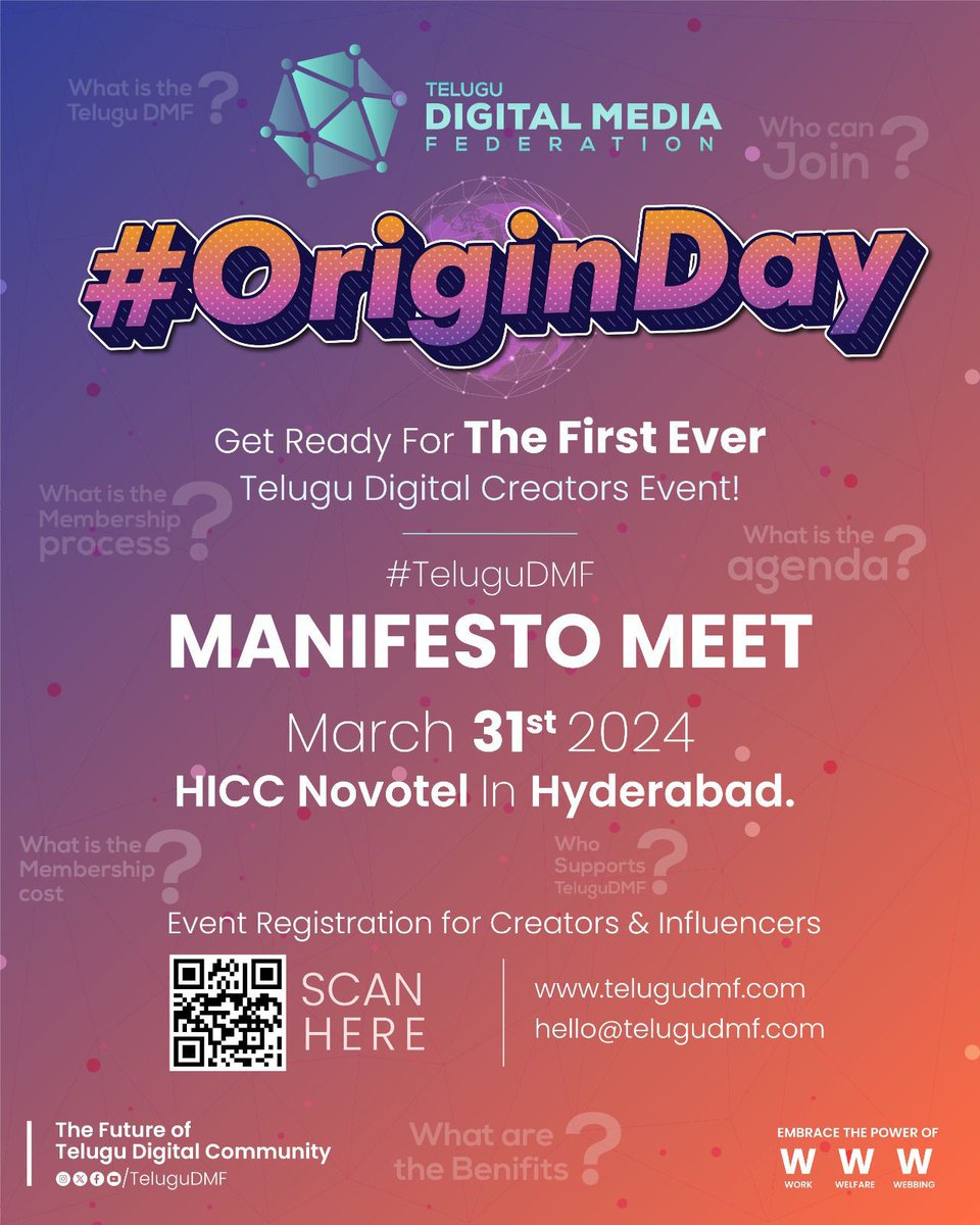 The #OriginDay of #TeluguDMF with The FIRST-EVER Telugu Digital Creators Event!

📆March 31st, 2024
📍HICC Novotel, Hyderabad