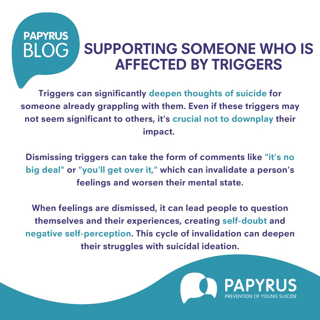 💭Triggers are more than just buzzwords — they're real, impactful moments that can deeply affect mental health and can exacerbate suicidal thoughts. Learn more about identifying and supporting triggers in our latest blog: papyrus-uk.org/understanding-… #NCW #SuicidePrevention