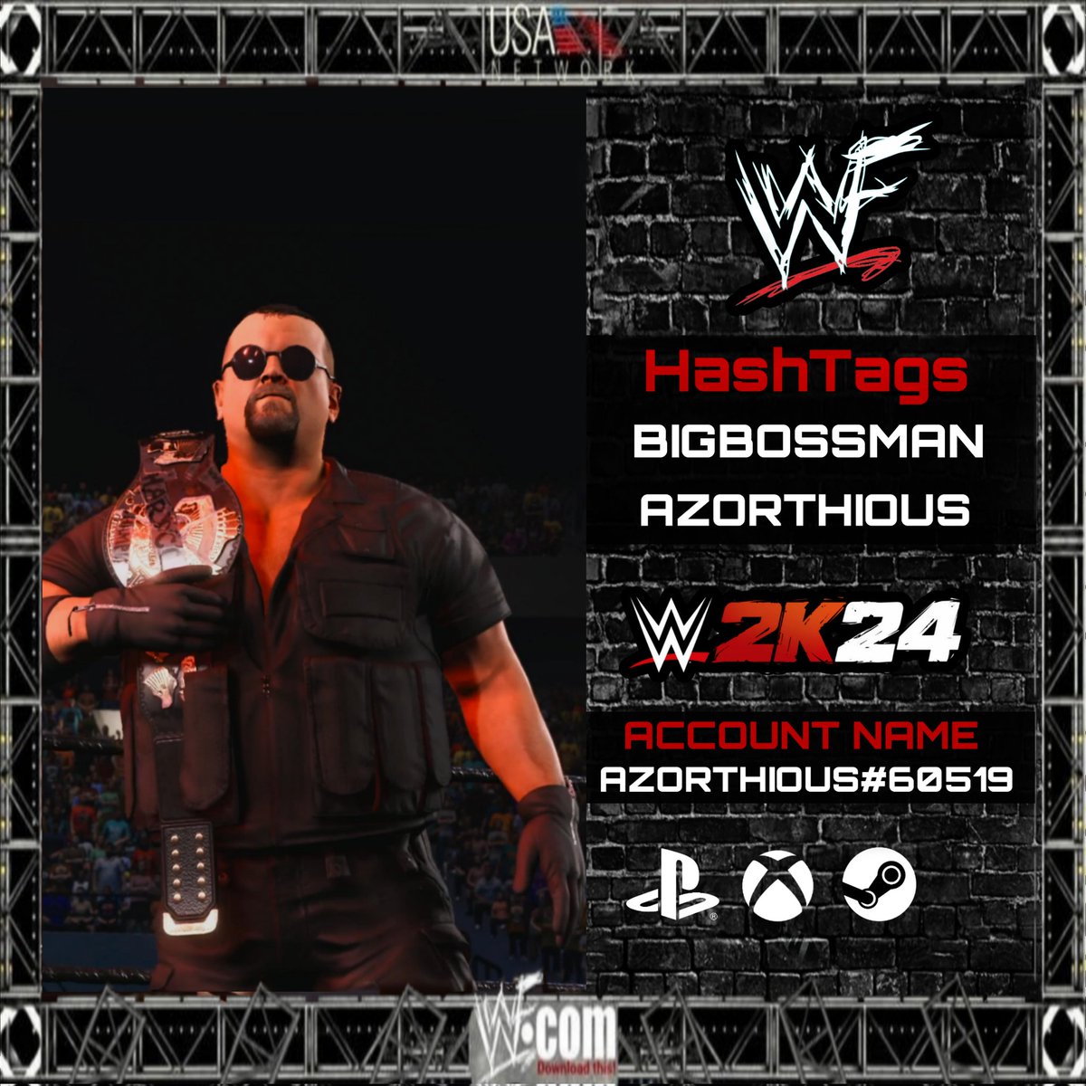 Big Boss Man '99 is Available Now on Community Creations! Includes 2 Attires, Flattened Hair, & Render. Search Tags: BigBossMan, Azorthious #WWE2K24
