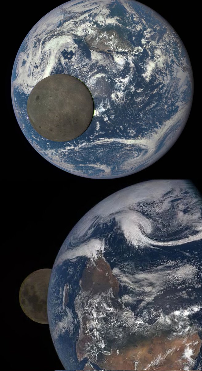 The Moon is in front of and behind the Earth. DSCOVR satellite images. The first frame shows the far side of the Moon, and the second one shows what we see from Earth.