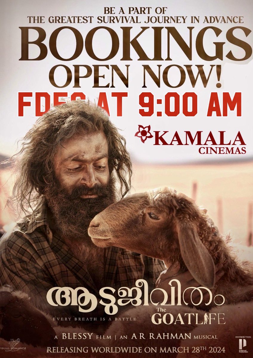 Bookings opened for #TheGoatLife at your Kamala Cinemas 🔥 FDFS at 9:00 A.M - Both Tamil and Malayalam 💥 Book now #TheGoatLifeOn28thMarch #AaduJeevitham @PrithviOfficial @DirectorBlessy @benyamin_bh @arrahman