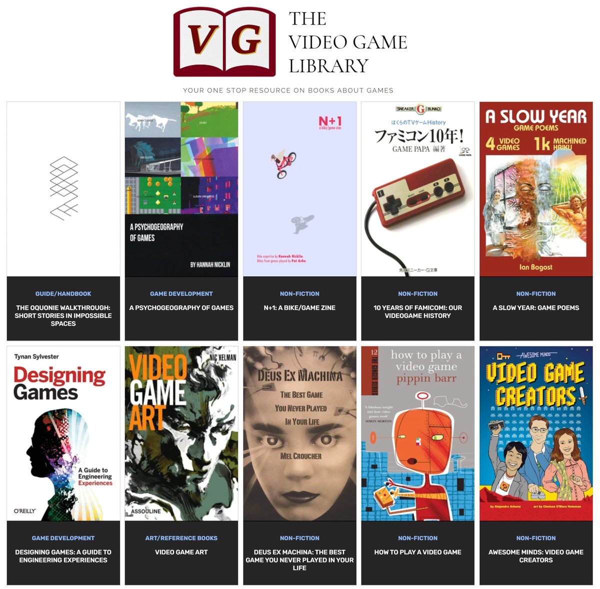 TheVGLibrary's tweet image. What an awesome and eclectic series of books recommended to #TheVideoGameLibrary today! ♥️

From Poetry and Memoirs to History and GameDev - there&apos;s a little bit for everyone! 

Thanks so much to @Xem_AM and @XenosNS for these!

@ibogost @hannahnicklin @TynanSylvester @KelmanNic