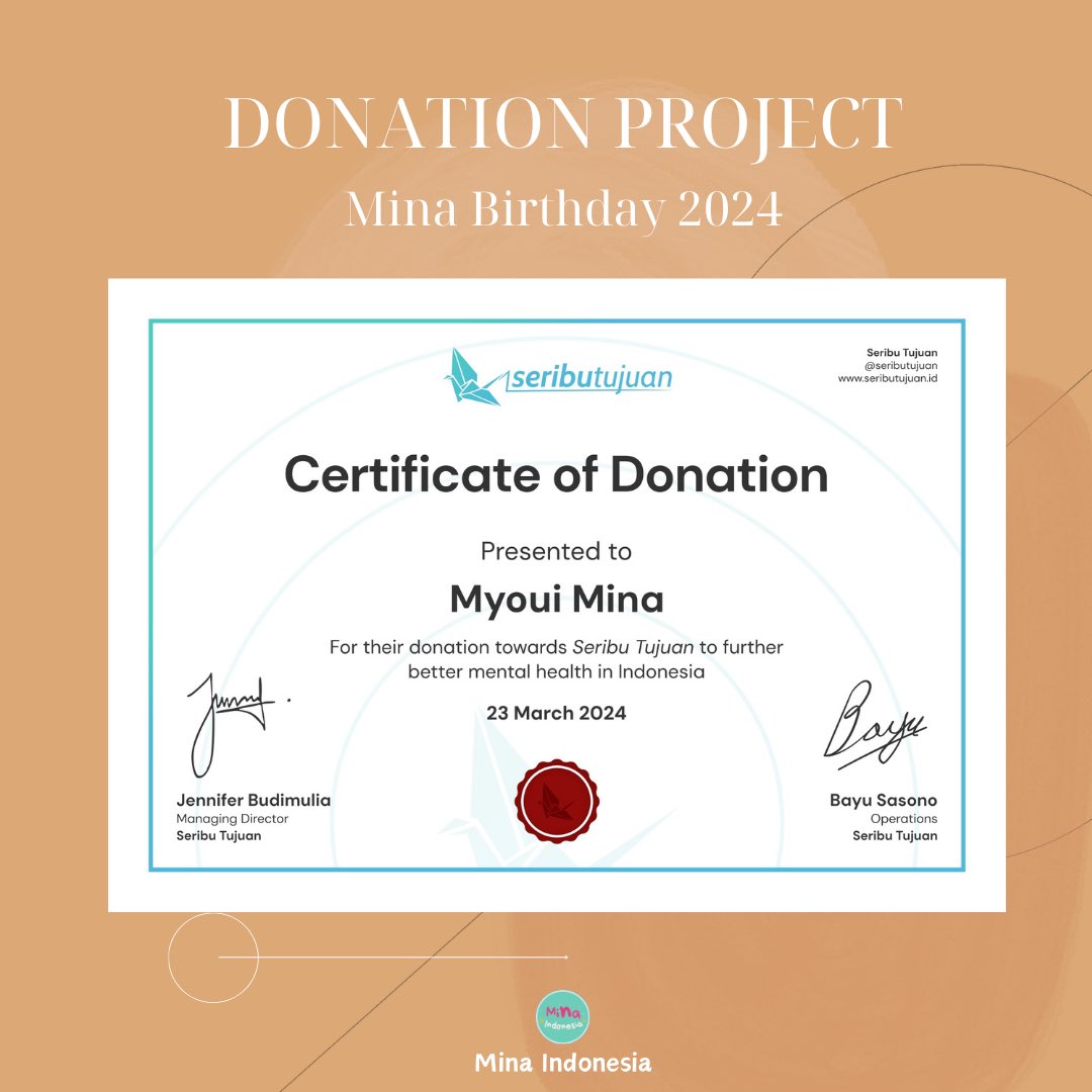 TeamMinaIDN's tweet photo. DONATION PROJECT BY MINA INDONESIA 🐧🎉

To celebrate Mina's birthday we donated to @SeribuTujuan on behalf of Mina's name. This donation aims to improve mental health in Indonesia 🤍

#묘한설렘으로_가득한_묘이의_생일
#TimeToShineWithMINA https://t.co/AUcWJgfhof