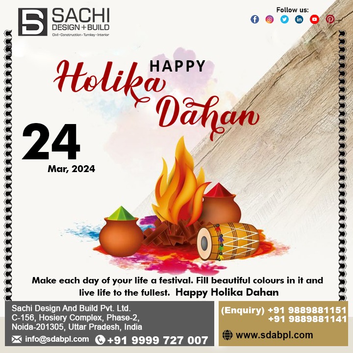 Let the glow of Holika Dahan ignite new beginnings and fill your life with the colors of joy! Sachi Design And Build wishes you a radiant and blissful Holika Dahan. #HappyHolikaDahan #holikadahancelebration #festivalofcolors #HoliPreparations #HolikaBonfire #JoyfulCelebration