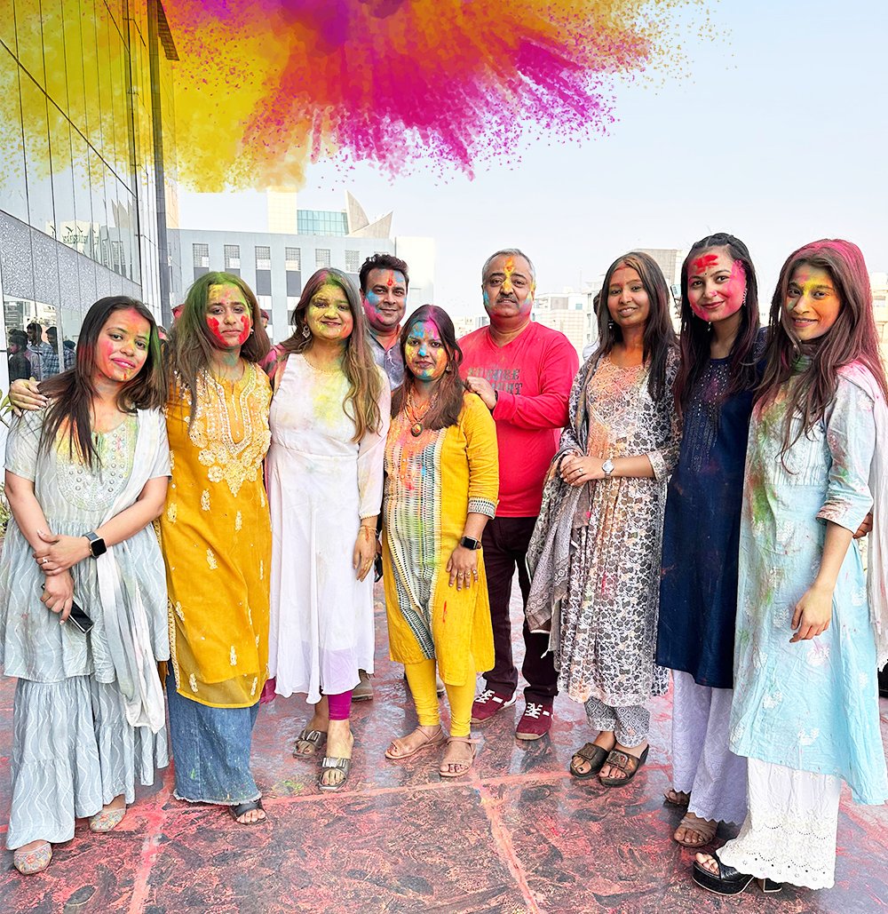 🎉🌈Embracing the colors of joy and togetherness! 🌟 Wishing everyone a Holi filled with love, laughter, and endless possibilities! 🌈🎊 #HappyHoli #OfficeCelebration #TeamSpirit #ColorfulMemories