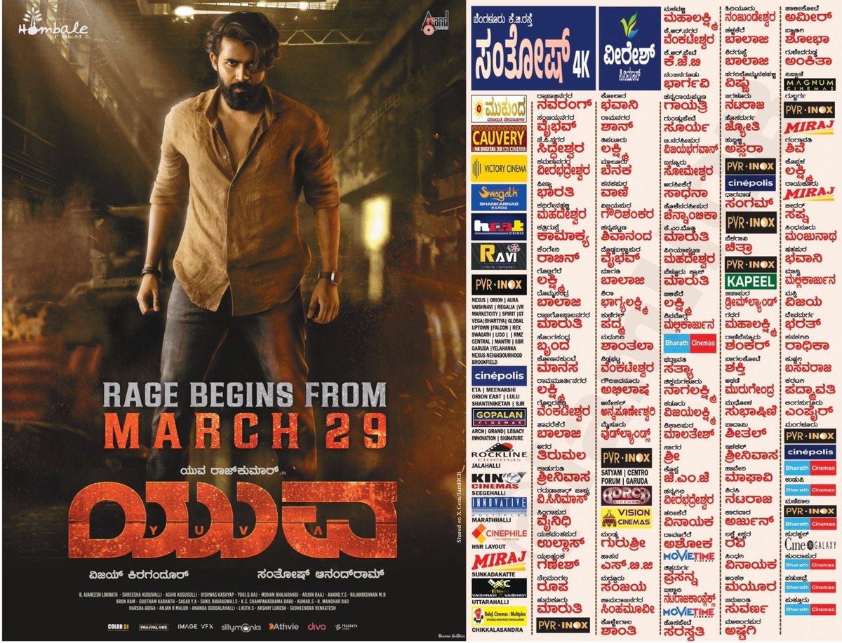 '#YUVA' Initial Theatre List Out Now!

YUVA hits cinemas this 𝐌𝐚𝐫𝐜𝐡 𝟐𝟗𝐭𝐡 ⚡️

#AppuLiveson #YUVA #YuvaOnMarch29th #YuvaRajkumar #SapthamiGowda #HombaleFilms #SanthoshAnanddram #anandaaudio