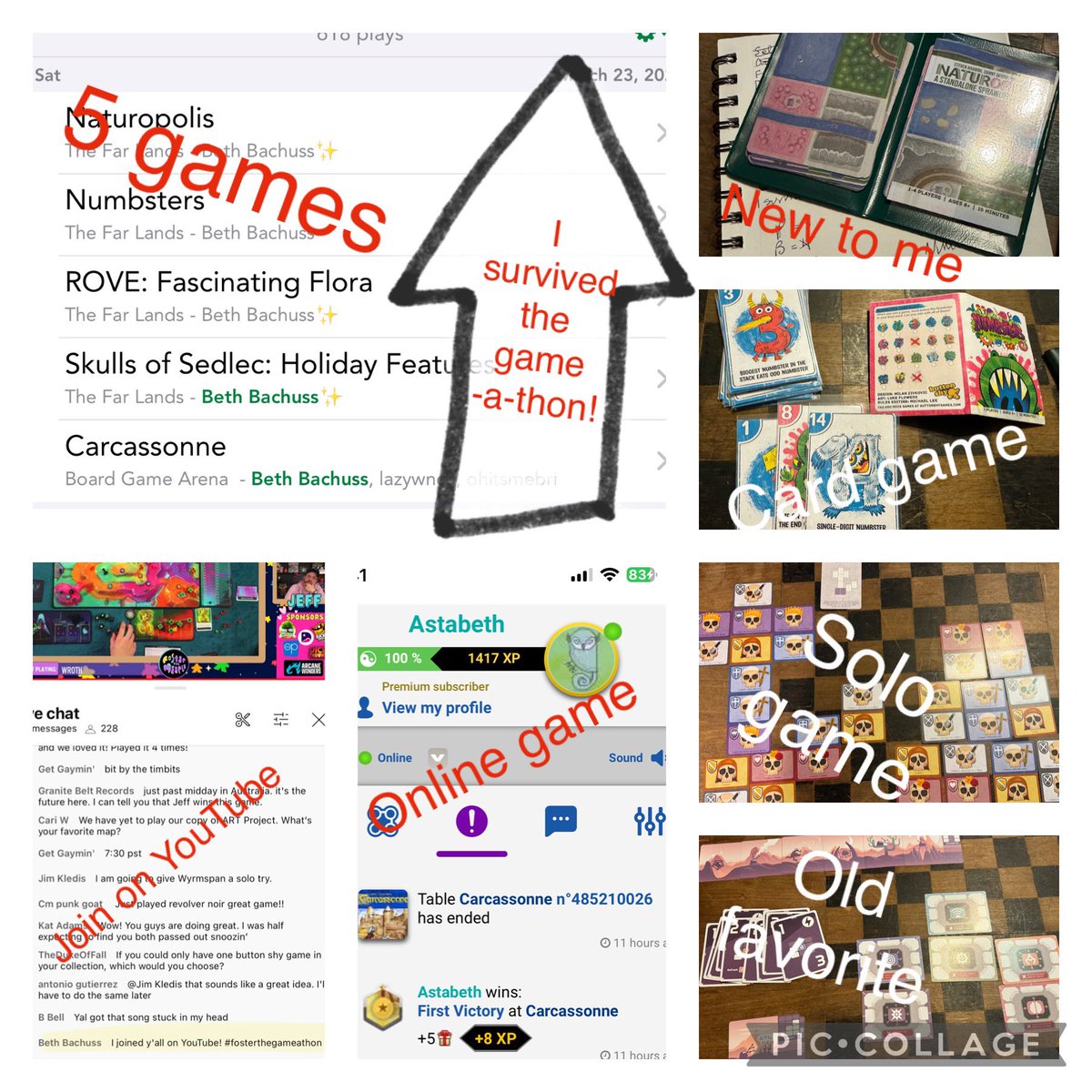 I completed 8 of the <a href="/fosterthemeeple/">Foster the Meeple</a> #fosterthegameathon challenges - solo, online, YouTube, new to me, old favorite, 5 games played, card game, and I survived the game-a-thon!