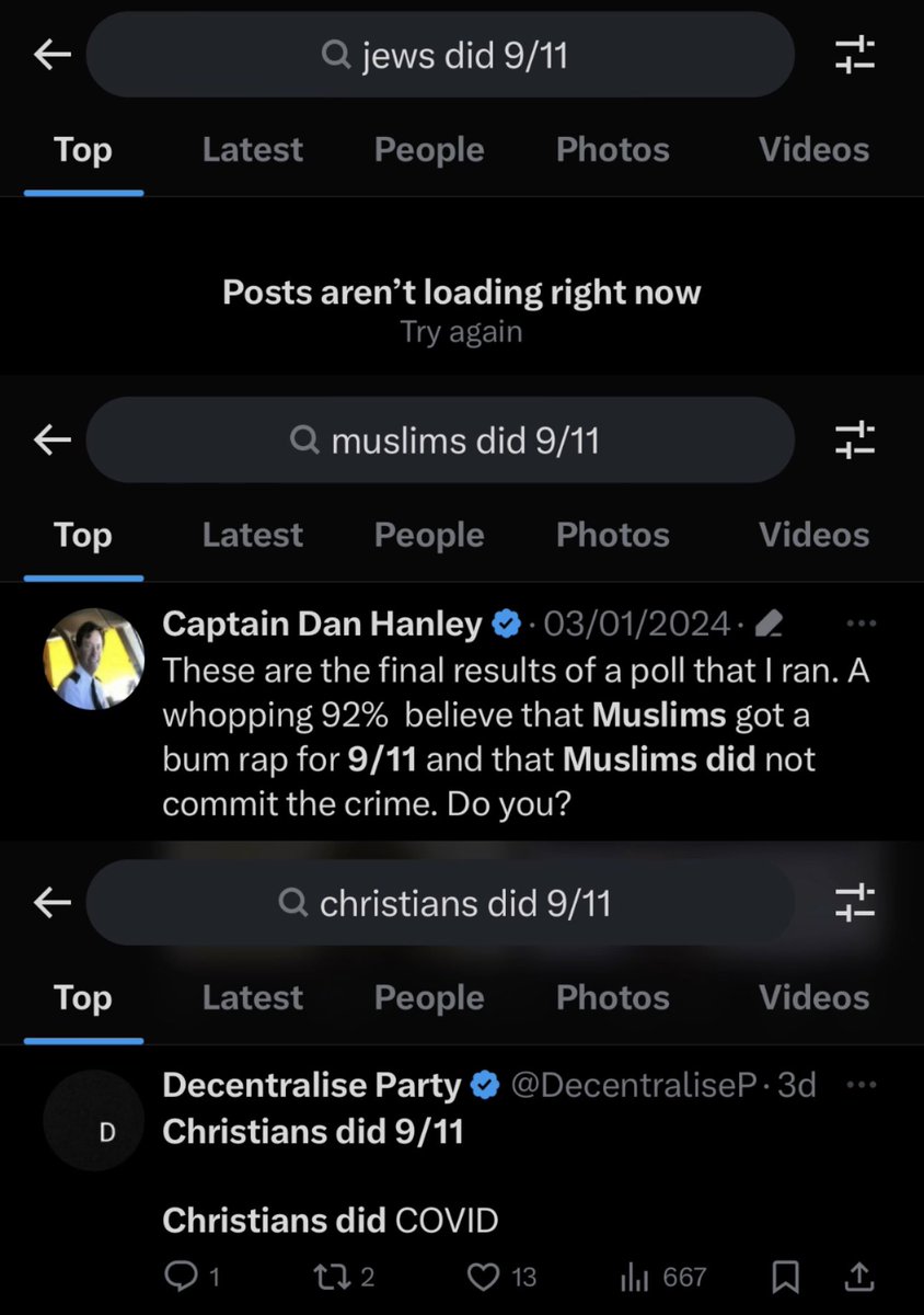 Why has someone at X specifically made the term 'J's did 9/11' banned from search? Why is one abrahamic religion receiving better treatment than the other 2? Or better treatment in general? The fact that I have to rewrite the phrase to avoid a tweet throttle is ridiculous...