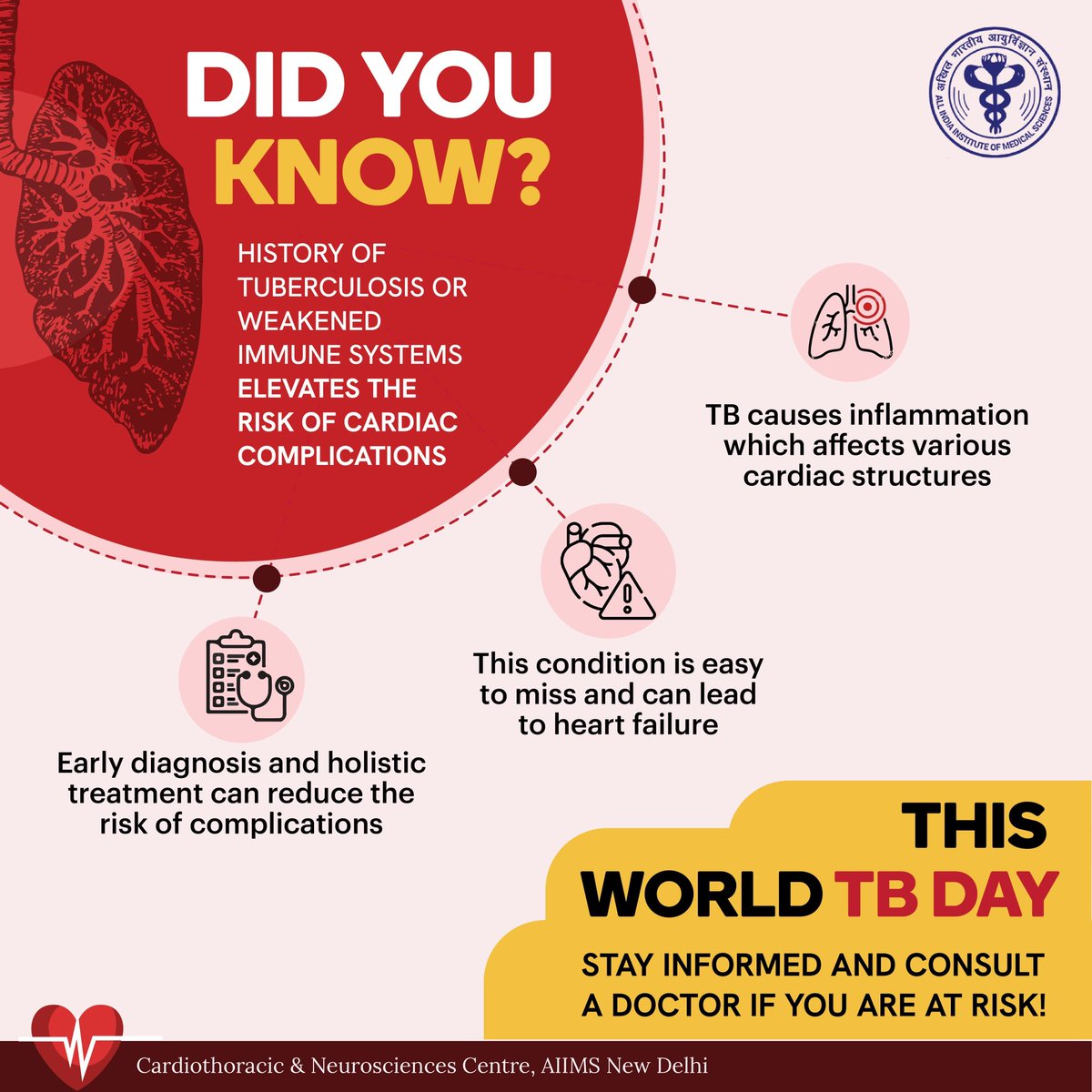 AIIMS Cardio Centre (@cnc_aiimsdelhi) on Twitter photo #DYK: A history of #tuberculosis can increase the risk of #cardiac complications. This #WorldTBDay, pledge to stay vigilant if you’re at risk! #TBHaregaDeshJeetega #TBMuktBharat <a href="/aiims_newdelhi/">AIIMS, New Delhi 🇮🇳</a> <a href="/TBHDJ/">TB Harega Desh Jeetega</a> <a href="/TBDivision/">Central TB Division | #TBMuktBharat</a> <a href="/MoHFW_India/">Ministry of Health</a> #DYK: A history of #tuberculosis can increase the risk of #cardiac complications. This #WorldTBDay, pledge to stay vigilant if you’re at risk! #TBHaregaDeshJeetega #TBMuktBharat <a href="/aiims_newdelhi/">AIIMS, New Delhi 🇮🇳</a> <a href="/TBHDJ/">TB Harega Desh Jeetega</a> <a href="/TBDivision/">Central TB Division | #TBMuktBharat</a> <a href="/MoHFW_India/">Ministry of Health</a>
