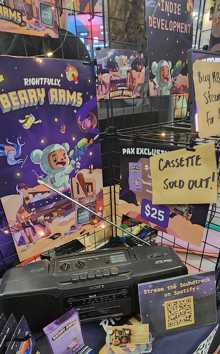 Our cassettes and physical Steam keys have sold out at #PAXEast2024! You can still get a bundle for the game #RightfullyBearyArms, soundtrack, and pin. Come by for the last day of #PAXEast to learn more!

#indiegames #indiedev #gamedev #videogames