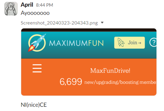 Notes from the MaxFunHQ Slack:
A #MaxFunDrive message from our Director of Development and Membership, @Aprilibrium.