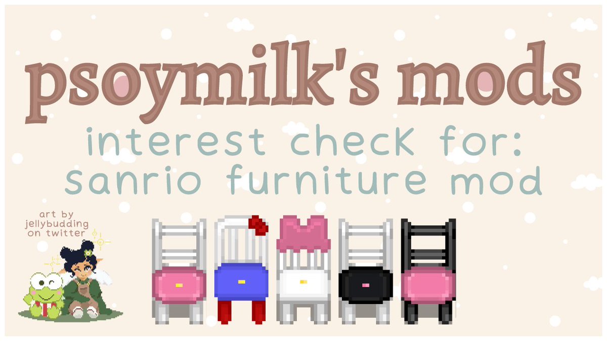 ♡ interest check! would you use a mod like this?

⇢ sanrio furniture mod
⇢ full set of furniture
⇢ based loosely on ACNH sanrio collab and sanrio character color schemes

#stardew #stardewvalley #moddedstardew