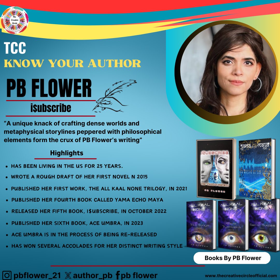 TCC Know Your Author - PB Flower @author_pb the author of the All Kal None trilogy, Yama Echo Maya, and i$ubscribe Check out her latest release here👇🏻 mybook.to/isubscribe #WritingCommunity #thecreativecircleofficial