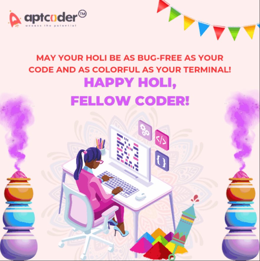 APTCODER's tweet photo. "Wishing you a colorful Holi filled with vibrant bytes of joy, bug-free moments of laughter, and endless loops of happiness! Happy Holi from our code-loving family to yours!"🎨
.
.
.
.
.
#holi #happyholi #holifestival #india #festival #love #photography #instagram #instagood https://t.co/nX1cOYLACc