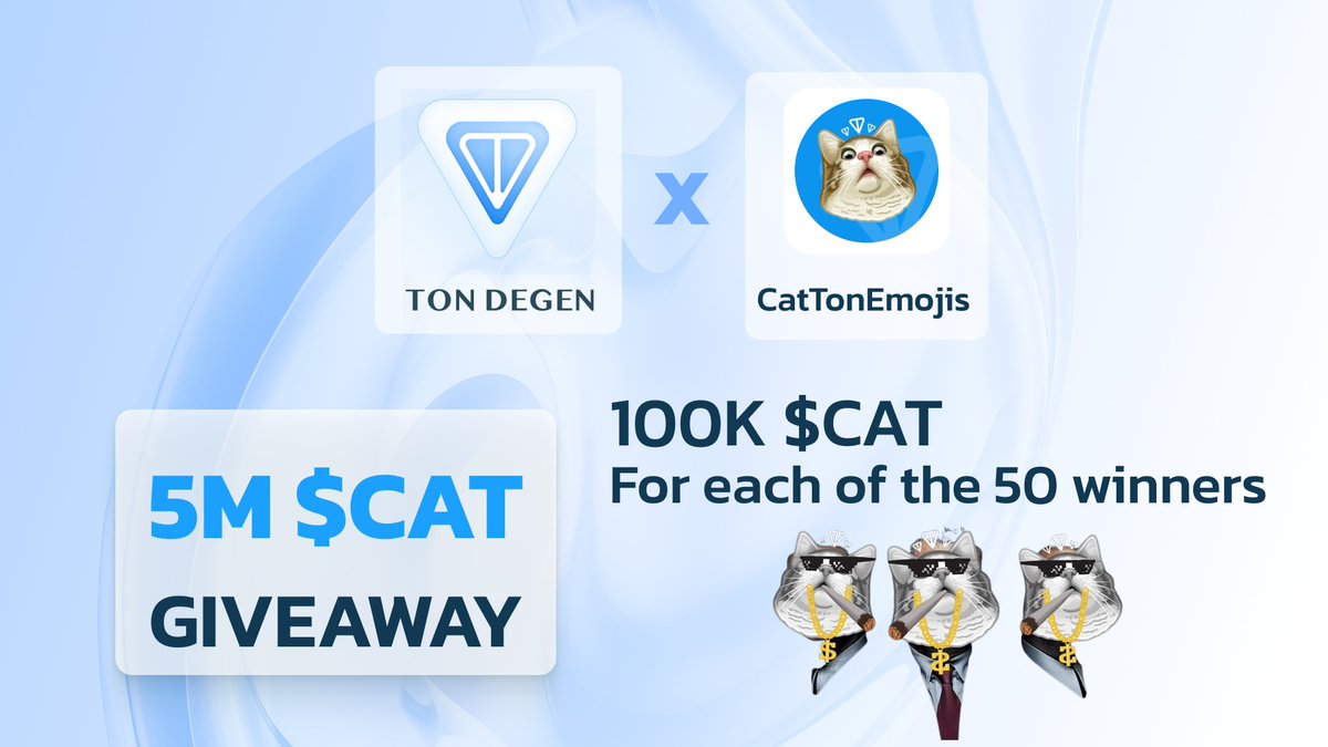 DegenonTON's tweet photo. Giveaway event to celebrate $CAT reached  1000 holders 🙌

 TON Degen 🤝 @cattonemojis 

🎁5M $CATS = 1250$ + 

How to become winner👇
1️⃣ Follow @cattonemojis + @DegenonTON
2️⃣Like, retweet and tag 3 friends
3️⃣ Buy mint : 5000 token $CAT 
✅Link buy : https://t.co/5TqU2FgiEU

4️⃣Comment tx buy you 👇

$CAT to the moon🚀

#TON #CAT $CAT #TONdegen