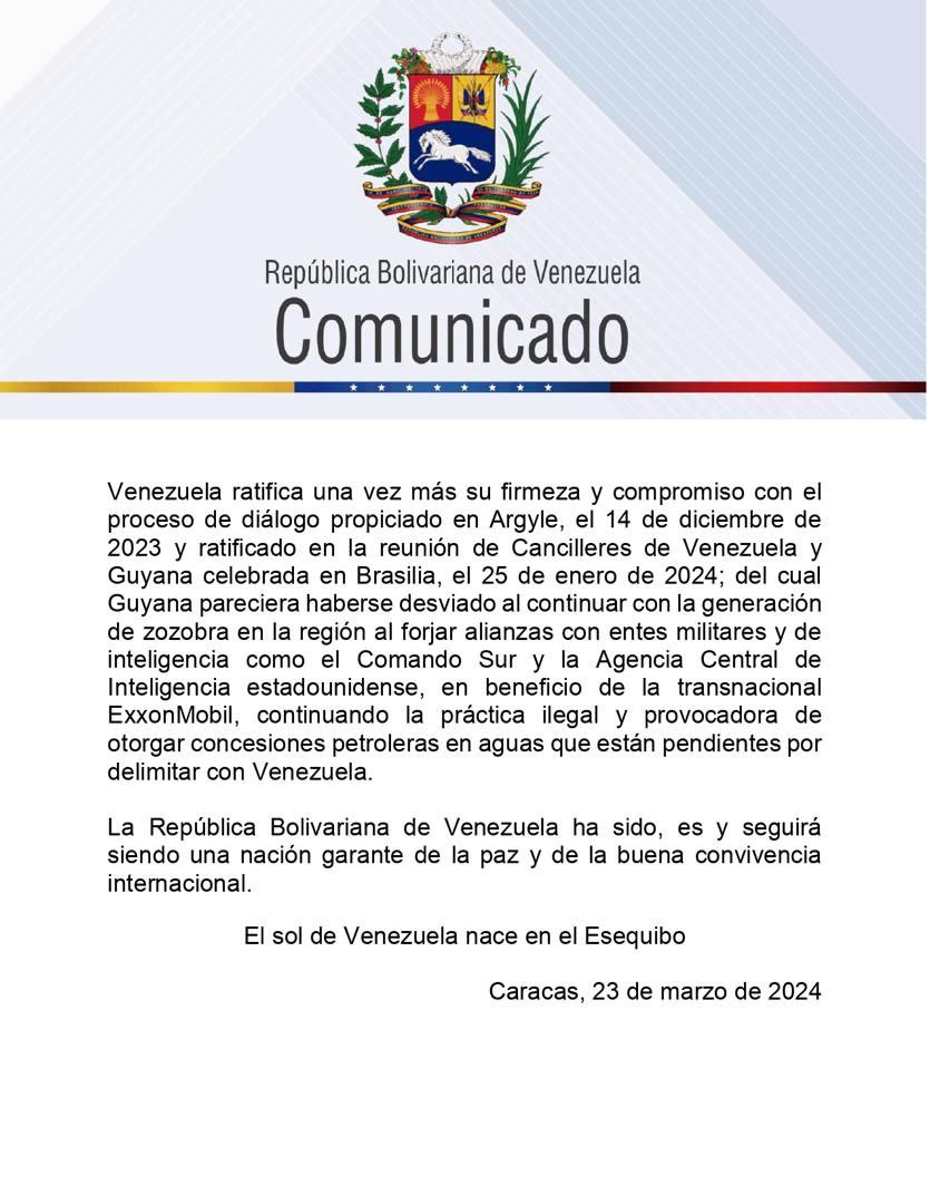 #Comunicado Rechazamos el comunicado emitido el #22MAR por el Gobierno de Guyana, donde emite impropios comentarios sobre la Ley Orgánica para la Defensa de la Guayana Esequiba, aprobada por la AN, evidente acto de injerencia en asuntos que solo les competen a los venezolanos.