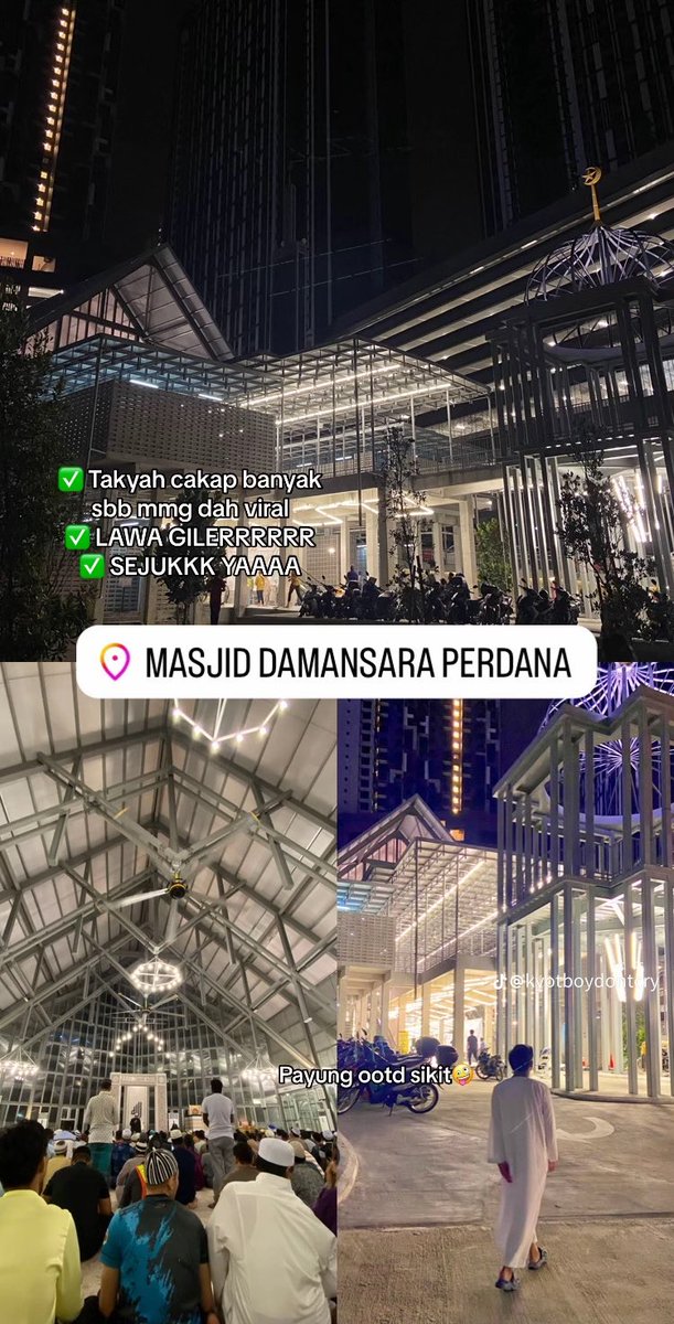 Ada orang share kat Tik Tok dia pergi terawih 1 hari 1 Masjid. Siap bagi review Imam punya Speed lagi. Mungkin boleh jadi rujukan untuk korang yang nak pergi Terawih tu. Banyak juga Masjid yang cantik2 aku tak tahu 🥹