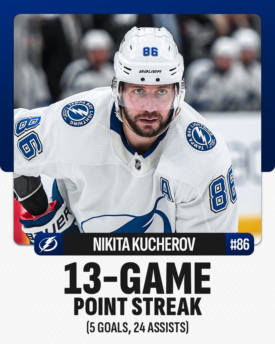 Nikita Kucherov's 13-game point streak is the longest of his career! ⚡