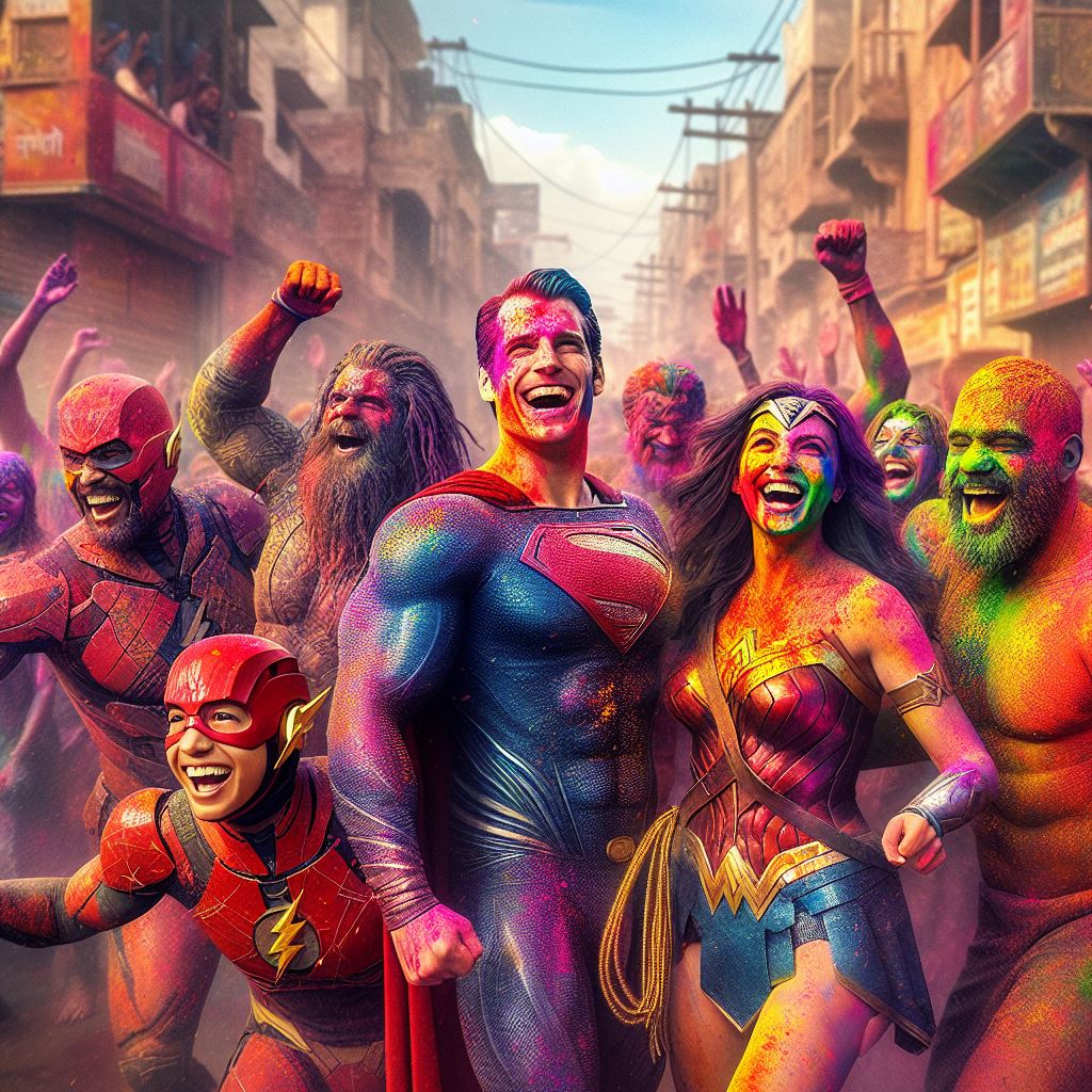 Dc heores Holi  celebration in Mathura #aiart #dccomics  #superman. #desiai