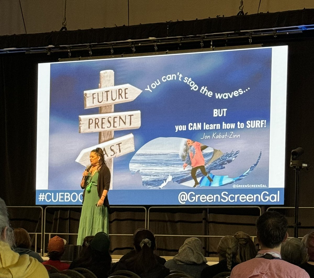 BOOM! Great day to see @GreenScreenGal on the #SpringCUE main stage with her #BOOM 💥 wonderful presentation on the power of breathing and soulful serenity. 💚#Breathingbubble #edtech #StudentMentalHealth @cueinc