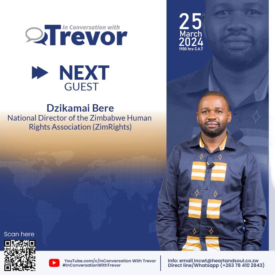 The next @ConvoWithTrevor guest is Dzikamai Bere @dzikamaibere , the Zimbabwe Human Rights Association (ZimRights) National Director. This is a rich and thought provoking conversation. Subscribe to 👉🏿 YouTube.com//InConversatio… so you dont miss out #icwt24