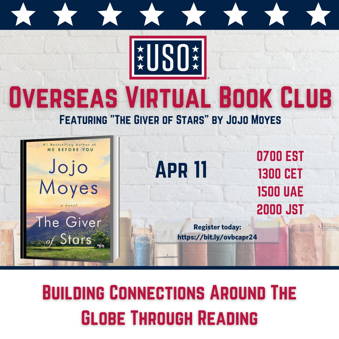 USOPacific's tweet photo. Join the USO Overseas Virtual Book Club for our April 11th discussion of Jojo Moyes, "The Giver of Stars." If you are looking for a group of military spouse book lovers around the globe, register here: https://t.co/2la442eOzE #militaryspouse #bookclub https://t.co/CjH2e37O1t