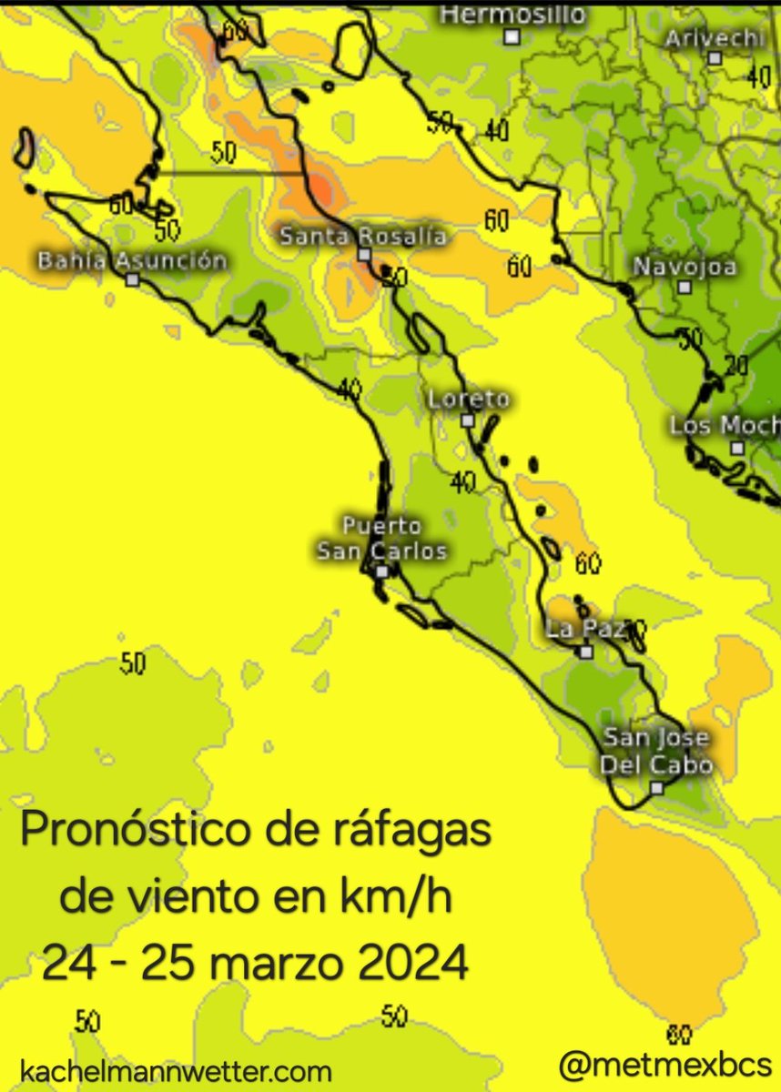 metmexBCS's tweet image. 🍃 Si tienes planes de pasar este domingo y lunes en las playas de #BajaCaliforniaSur considera las fuertes ráfagas de viento.

Los Cabos: 40 a 60km/h
La Paz: 40 a 60km/h
Comondú: 35 a 55km/h
Loreto: 40 a 65km/h
Mulegé 50 a 85km/h

⚠️ 🌊 Olas de 1.5 a 2.5 metros.