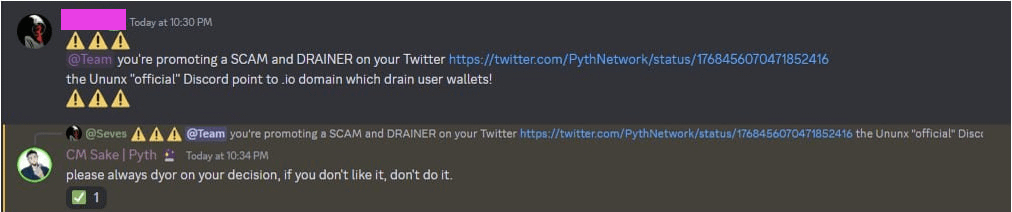 arndxt_xo's tweet image. Waking feeling extremely disturbed after seeing this

@PythNetwork posted a drainer in their official twitter announcement and on their website.

I suggest not to interact with anything from them.

So, if you enter the &quot;official&quot; ununx(dot)com website [SCAM LINK], and join their…