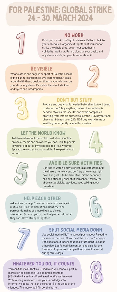 🚨Reminder that Global Strike Week starts tomorrow! Prepare for the week today, do your groceries and other essential purchases to not spend money the coming week! Don’t go to work/school and organize protests and other actions! Use social media ONLY to talk about Palestine!