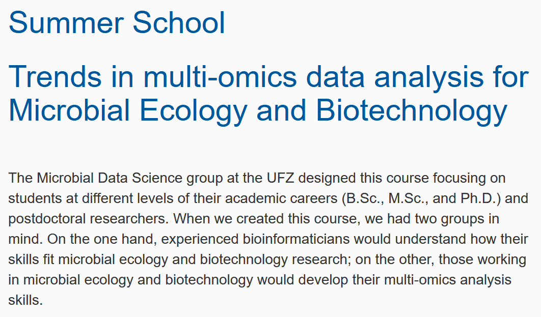 1/2 ⚡️🔜Summer School Announcement📢🔔 Interested in learning multi-omics data analysis for microbial ecology and biotechnology? Apply for the 4th edition of our summer school! ufz.de/index.php?en=4… @UFZ_de @UniLeipzig @HIDAdigital @helmholtz_ai @Ai4Pep @NFDI4Microbiota