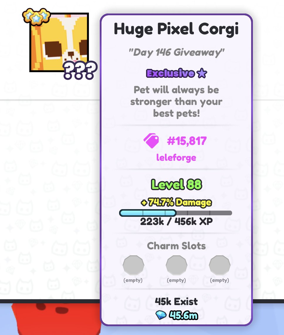 🎉 DAILY GIVEAWAYS - Day 146 🎉
🔥 Huge Pixel Corgi! 🔥

Requirements:
🤝 follow me &amp; <a href="/stickguy850/">Stickguy</a> 
❤️ &amp; 🔁 like &amp; RT
💬 reply w/ ur username

gw ends in 48 hours! good luck!
#ROBLOX  #Giveaway  #RTC  #PetSimulator99  #PetSim99  #PS99  #PetSimulator  #PetSimulator99Giveaways