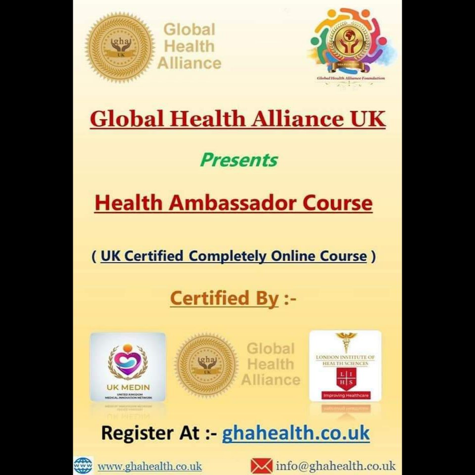 The @GhaHealth Certified online course encompassing all aspects of Healthcare 'Health Ambassador' Course Register at :- ghahealth.co.uk #healthcare #healtheducation #sustainabledevelopment #Ambassador #enviroment #learnonline #wellness