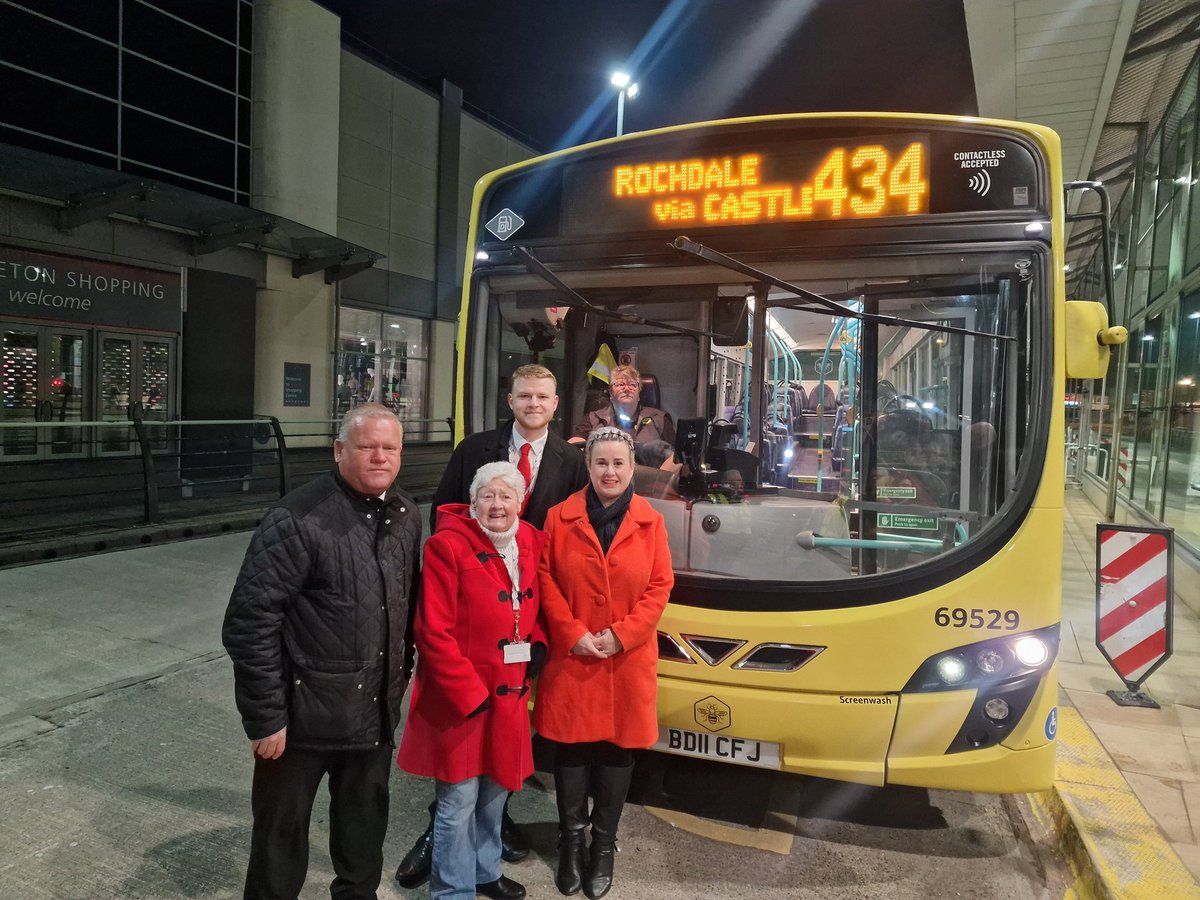 Great launch to the first Bee Network bus leaving Middleton bus station at 0507am this morning with Cllr Dylan James Williams @Kath Bromfield and Cllr Carol Wardle