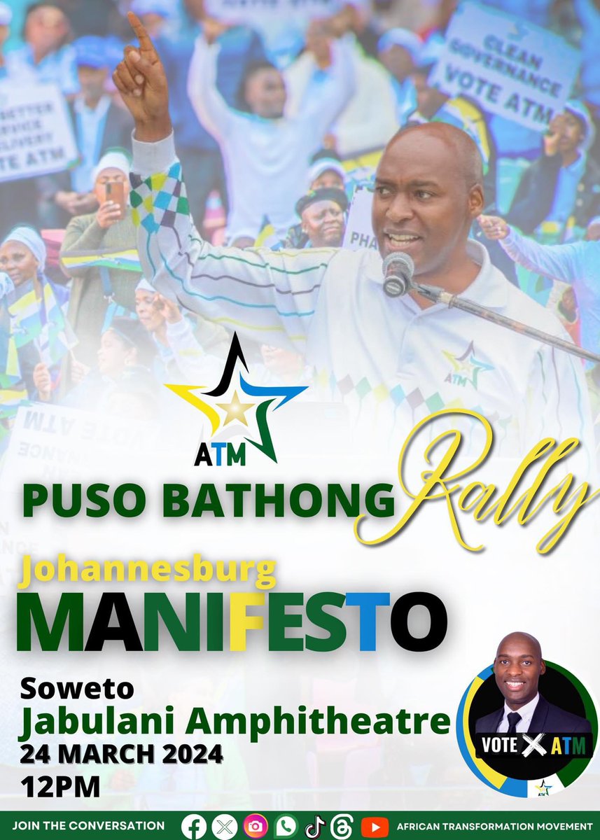 24th March 2024 is upon us, Forget about church, forget about Sundays are for lovers let’s all focus our attention to the ATM Puso Bathong Rally where our President will unpacking our Manifesto and preparing for the 29th of May. See you there✌🏾

#voteATM2024
#PutSouthAfricanfirst