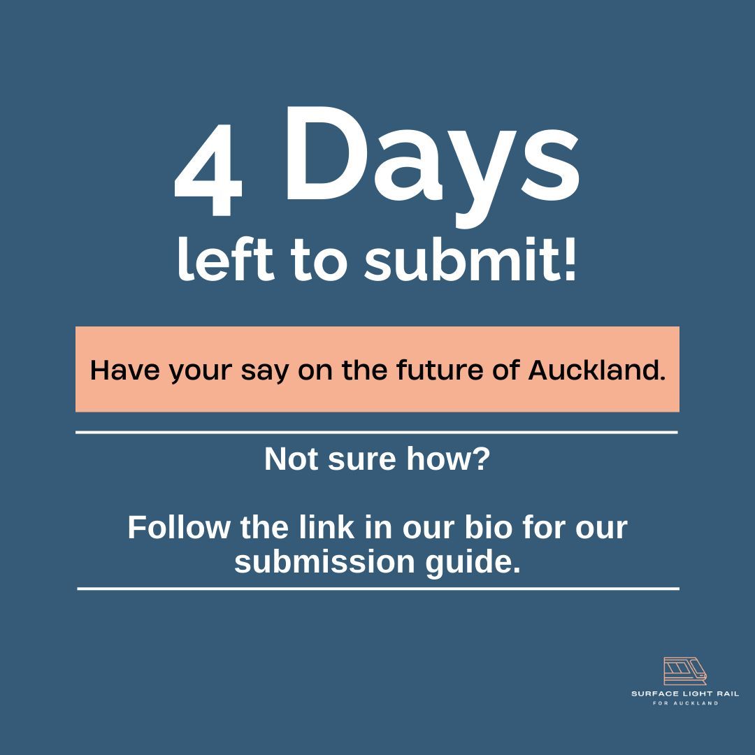 SLR_AKL's tweet photo. Submit your thoughts to the Long-term plan of the council before time runs out! Only 4 days left to make your voice heard. Don't miss this chance to advocate for the inclusion of Surface Light Rail. 

Check out our guide (https://t.co/nZSpeYgGe8) for more info! #Auckland https://t.co/4RvHHqoH2Y